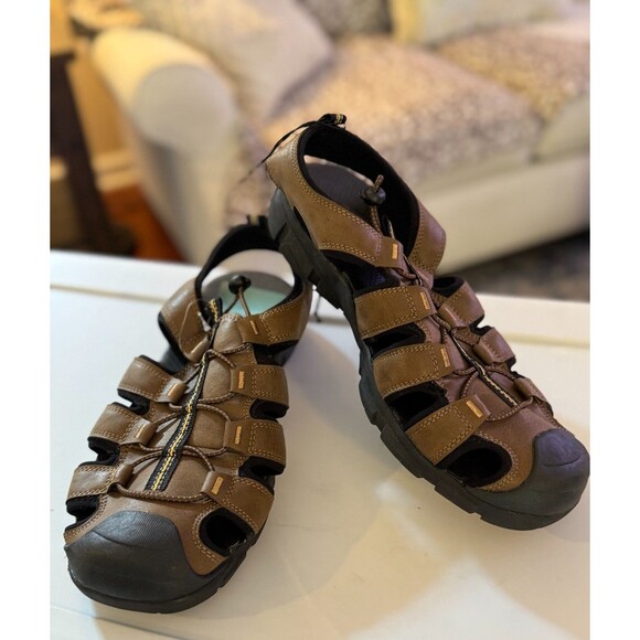 Magellan Outdoors Sandals Brown Leather Round Toe Cutouts Hook Loop Men's Sz 10 - Picture 1 of 11